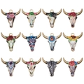 Set of 12 enamel bull skull pendants with golden horns and various floral patterns - Mixed Floral Bull Skull Styles (SN957)