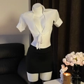 Sexy divisa OL due pezzi con camicia bianca annodata e minigonna attillata nera - Taglia unica / Bianco (Top+Gonna+Tanga)