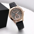 Elegant rose gold rhinestone watch for women with black leather strap and small second dial - Black