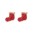 Detailed view of red rhinestone Christmas stocking stud earrings with gold trim - Full Rhinestone Boots