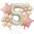 Cream number 5 foil balloon set with daisy flowers and pink stars for birthday party - Daisy Number Set 5