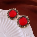 Vintage royal style round earrings with large red gemstones and antique gold framing - Court Vintage Rhinestone Style