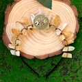 Handmade yellow crystal quartz crown with metal triple moon on natural moss background - Citrine + Bronze Wire + Tree of Life