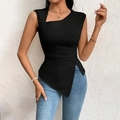 Sleek black slim fit off-shoulder top featuring irregular neckline and diagonal hemline - S / Black