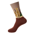 Paris themed cotton crew socks with brown Notre Dame architecture jacquard pattern - 1198-Notre Dame
