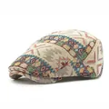 Vintage unisex newsboy cap featuring colorful geometric jacquard pattern on beige fabric - Adjustable / Khaki