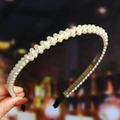 Detailed view of hand-woven white imitation pearls on a stylish headband for women - S271-7 Lustrous Pearl Alloy Style