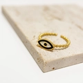 Anello aperto Evil Eye dorato con trama a perline e dettagli in smalto nero e bianco - Aperto Regolabile / Malocchio Bianco e Nero