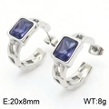 Silver stainless steel hoop earrings with textured finish and purple rectangular zircon - Steel Purple (KE111468-GC)