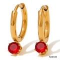 Vintage golden stainless steel hoop earrings with round red zircon drop charms - Red Zircon Style (KDE435)
