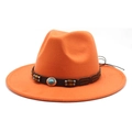 Detail of orange wide-brim wool fedora hat with turquoise stone and wood bead band - M (56-58cm) / Orange