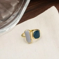 Golden open ring featuring rectangular grey and square dark blue enamel gemstones - Grey Blue Square Gem (J2583)