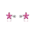 Detailed view of silver flower stud earring with pink zircon and S925 silver hallmark - Silver-Pink Zirconia