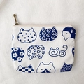 Mini floral cat print canvas coin purse with vintage zipper and blue pattern design - White Base Sketch