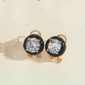 Retro round stud earring featuring black enamel rim and gold-set sparkling zircon - Black