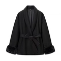 Manteau noir élégant à col châle avec poignets en fausse fourrure et ceinture à nouer - Noir