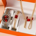 Luxury hip hop watch set with red dial, silver gold band and matching jewelry accessories - Red Watch Set 1 (Orange Box)