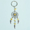 Bohemian dreamcatcher keychain with yellow natural crystal stones and silver feathers - Citrine