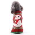 Detail of red and green knitted pet Christmas sweater featuring white snowman pattern - Feather Yarn Snowman