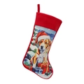 Christmas stocking with red hanging loop featuring a dog in a Santa hat and gift boxes - Christmas Dog Stocking