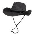 Detail of black straw cowboy hat featuring a spiral weave pattern and gold buckle detail - Black