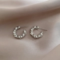 Silver retro C-shape hoop earrings with segmented texture on elegant satin fabric - E5902 Silver Textured C-Hoops