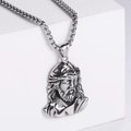 Macro view of silver vintage Jesus Christ pendant with detailed embossed punk texture - Steel Color (Pendant Only)
