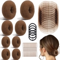 Brown hair styling set with donut bun makers, elastic bands, and U-shaped hairpins - 63-Piece Light Coffee Set / Light Coffee