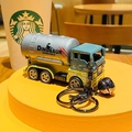 Dinosaur fuel tank car keychain in grey-green with metal ring and black bell accessory - Pull-back Dinosaur Engineering Vehicle - Oil Tanker