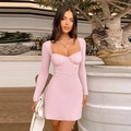 Chic pink long sleeve mini dress featuring ruched chest detail and elegant square neckline - S / Pink