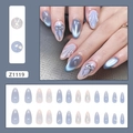 Blue cat-eye press-on nails with 3D embossed flowers and silver bow rhinestones - Iceland Fog Blue Bowknot Style(Z1119)