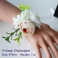 Champagne ranunculus and white hydrangea wedding wrist corsage with silk ribbon - White and Champagne Wrist Flower