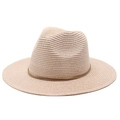Close-up of woven straw sun hat texture with decorative dark brown leather cord detail - M (56-58cm) / Light Pink