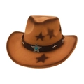 Brown western cowboy hat with suede texture, star patterns and leather band with metal studs - One Size / Camel (Blue Star Badge)