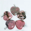 Five heart-shaped pink rhodonite crystal pendants with silver metal bails - Rhodonite