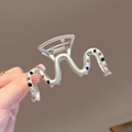 Close-up of matte silver Y2K wave hair claw with colorful rhinestones and black stars - Matte Silver Colorful Gem (FJ4021)