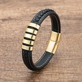 Pulsera de cuero trenzado negro con anillos de metal dorado y cierre magnético - 19cm / Dorado