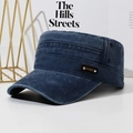 Washed dark blue denim flat top hat with vintage SPORT label and metal rivets details - Adjustable / Navy Blue