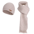 Oatmeal knitted hat and fringed scarf set with premium ribbed texture and leather patch - Oatmeal (2-Piece Set)