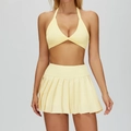 Conjunto de yoga amarillo claro para mujer con top halter y falda plisada - S / Sujetador 4514 + Falda 4514 - Amarillo Crema