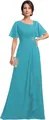 Elegant lake blue chiffon evening gown with ruffle sleeves and sequin waist detail - US size 2 / Top And Bottom / Blue
