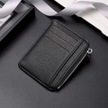 Chic black litchi grain leather card holder wallet with 3 slots and silver zipper - Classic Black