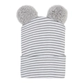 Dettaglio della maglia e dei doppi pompon morbidi sul berretto a righe per neonati - Grigio/Bianco