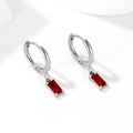 Silver stainless steel hoop earrings with rectangular red zircon crystal pendants - Silver + Red Zircon