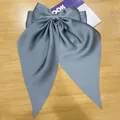 Elegant satin large bow hair clip with long streamers in muted Morandi grey-blue color - Blue Gray