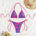 Flat lay of pink and blue tie-dye bikini set with straw hat and sunglasses - XS / Blue and Rose Red Tie-dye