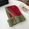 Red and green color block knit balaclava hat with button detail for winter - Red & Green