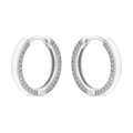 Detail showing polished silver hoop earrings with clear cubic zirconia inlays - White Gold