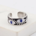 Silver evil eye ring featuring blue enamel charms and a bohemian adjustable open band - Adjustable Open / Platinum Plated Black