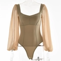 Body sexy kaki à manches longues avec col carré et manches bouffantes en tulle - Kaki